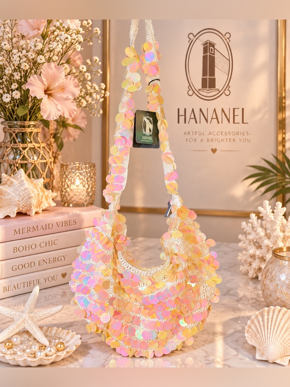 HANANEL Iridescent Sequin Crochet Shoulder Bag – Mermaid Boho Chic – NWT ✨🧜‍♀️